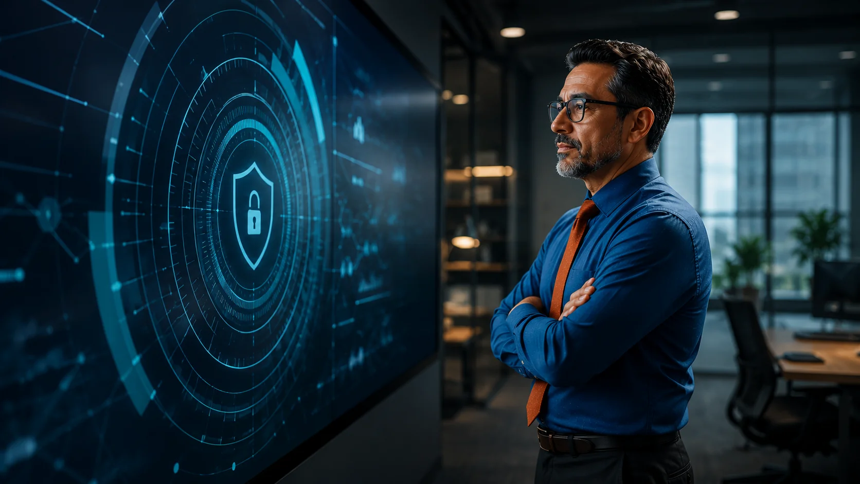 Directivo revisando el tablero de seguridad de su empresa
